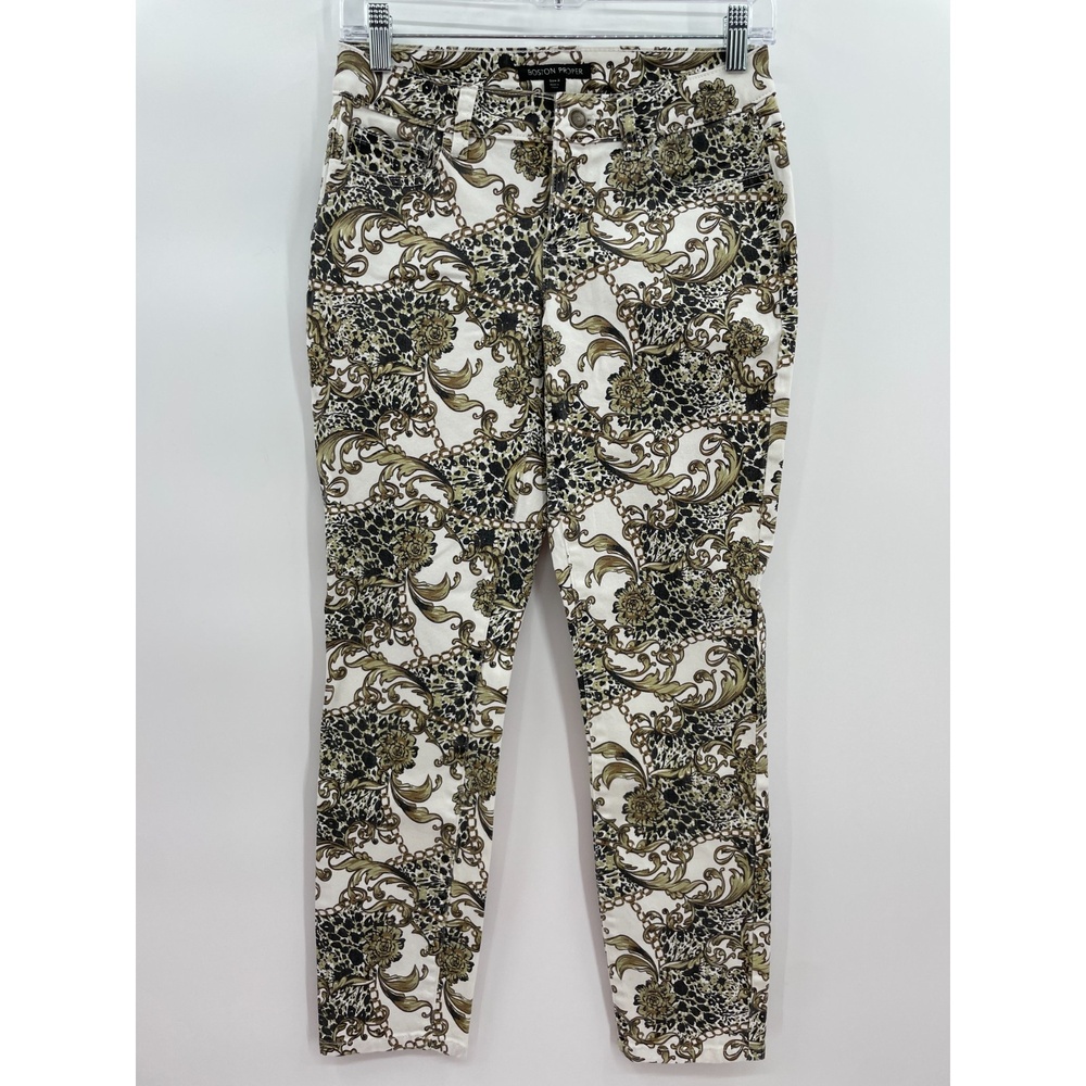BOSTON PROPER Olive Green Paisley Skinny Stretch Jeans Pants Size 2